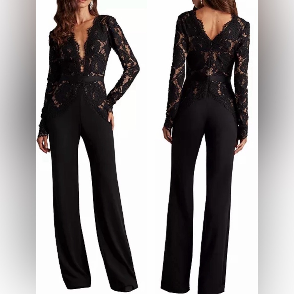 NEW Tadashi Shoji Amaris Plunging Illusion Lace long sleeves Jumpsuit Sz 10